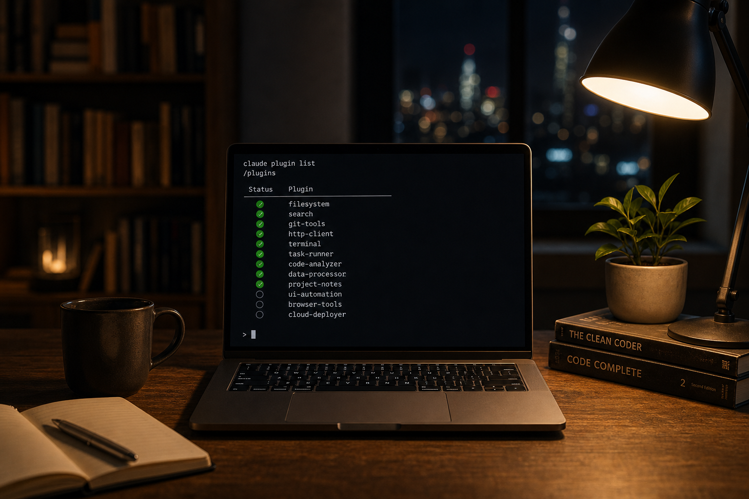 A laptop on a wooden desk at night showing a Claude plugin list in the terminal